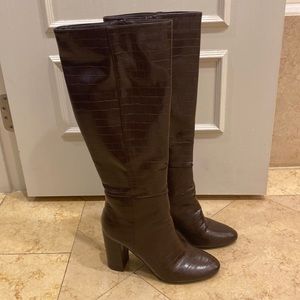 Brown faux leather high heel boots